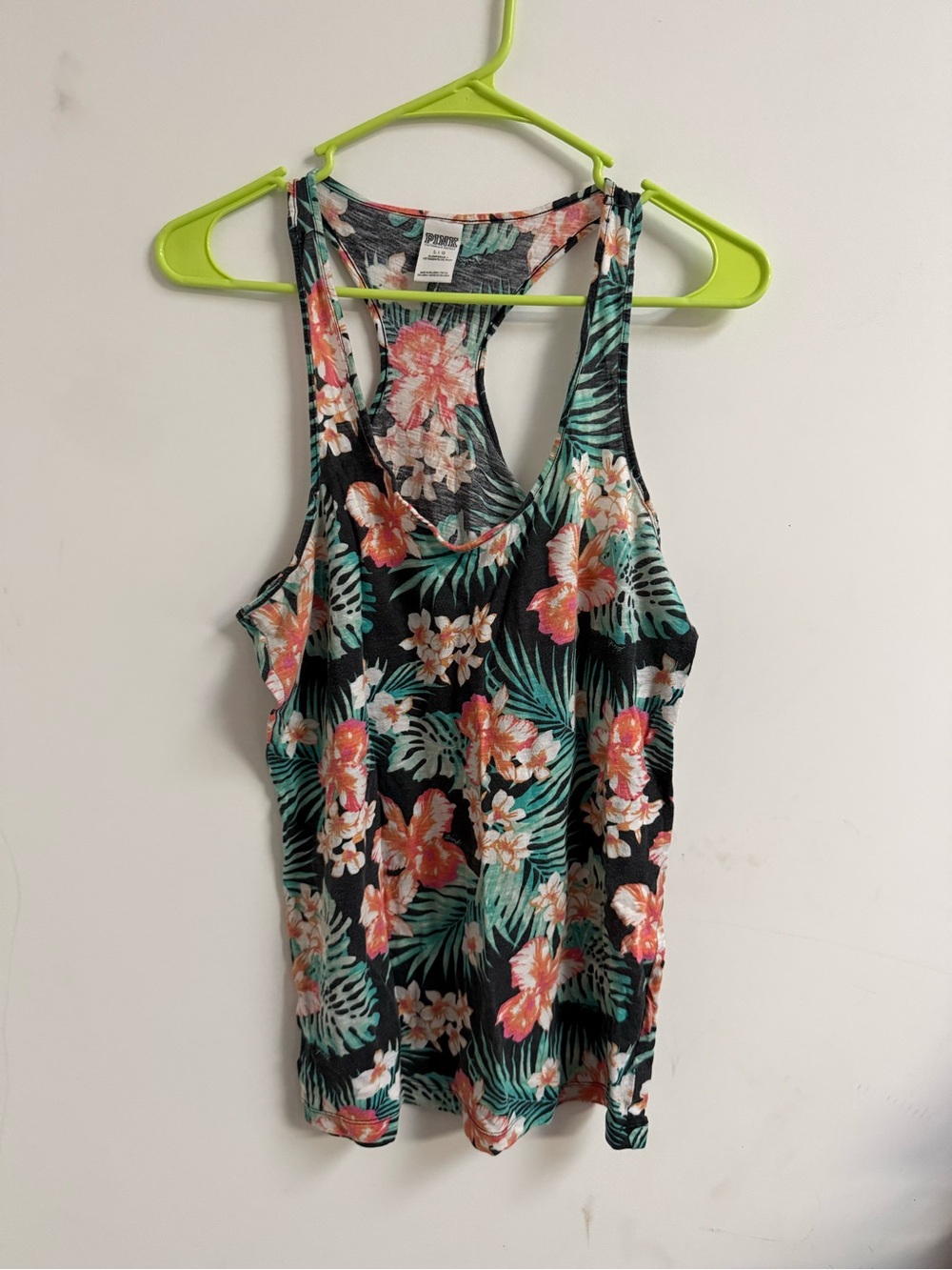 PINK Victoria's Secret Black Floral Racerback Tank with Coral and Green Print